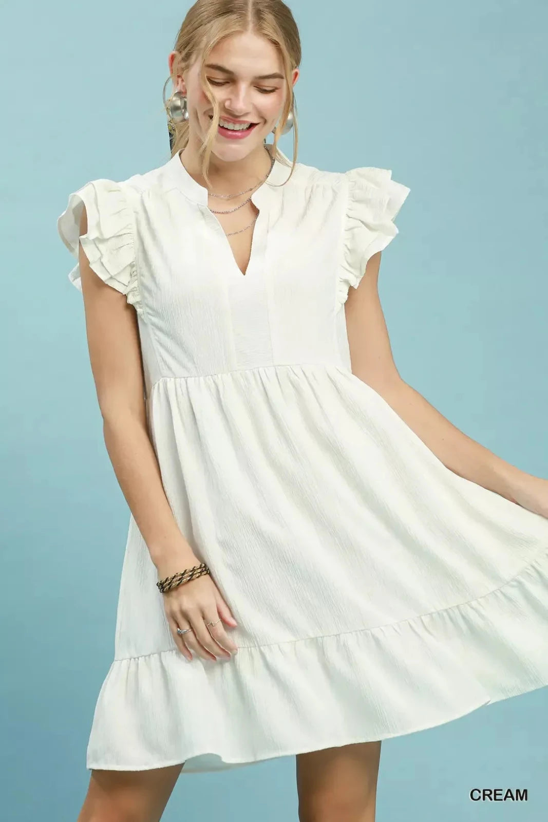 Ruffle Sleeve Babydoll Dress – Flowy V-Neck Mini Dress for Women in CREAM