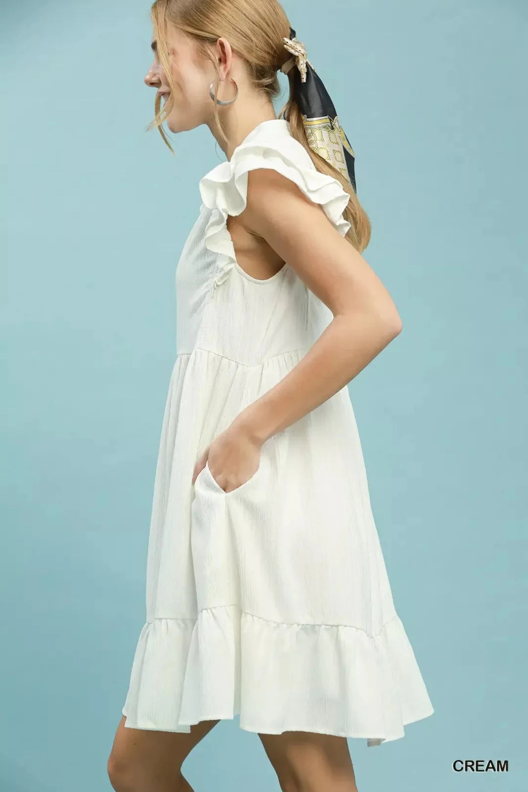 Ruffle Sleeve Babydoll Dress – Flowy V-Neck Mini Dress for Women in CREAM