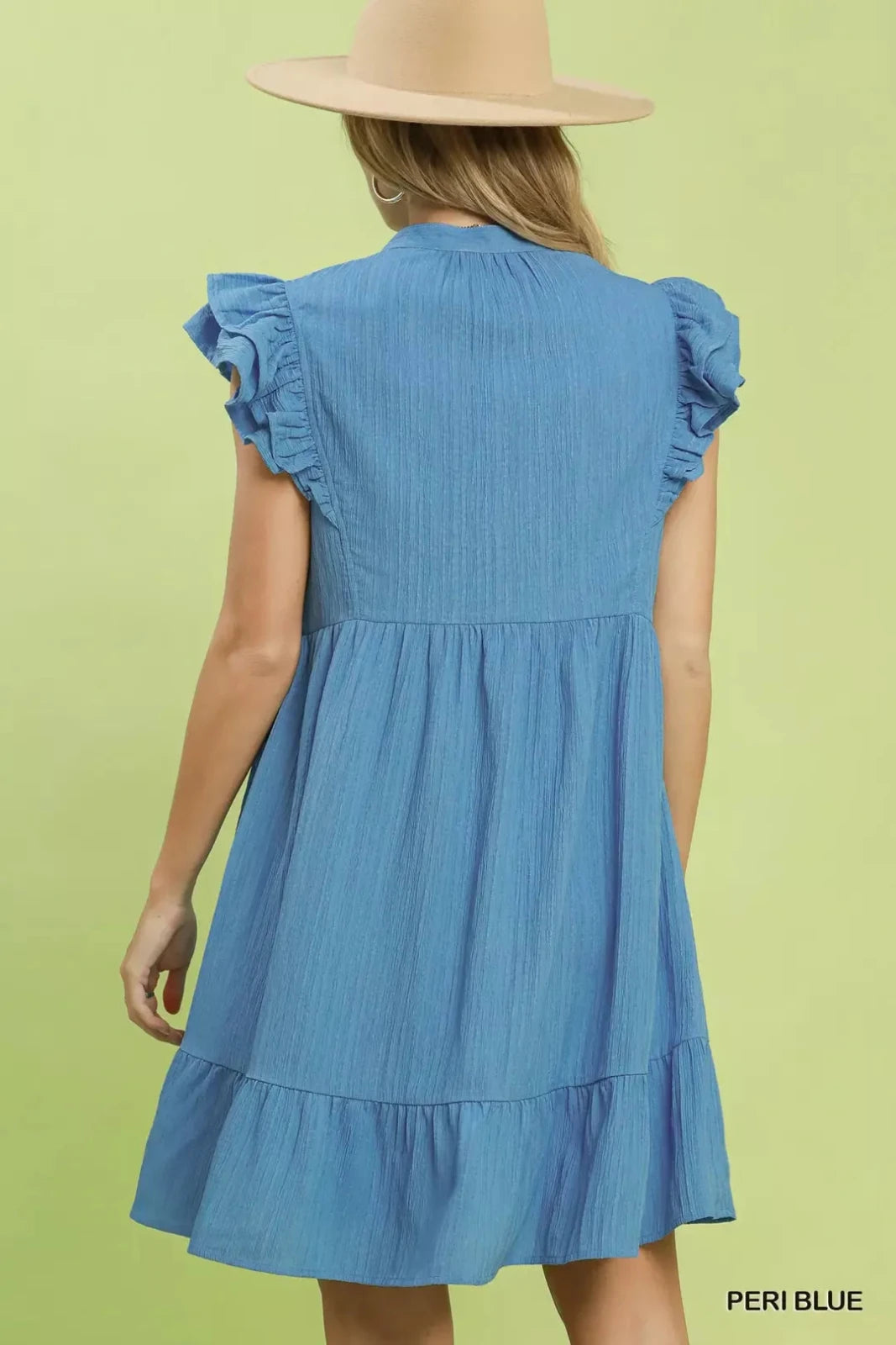 Ruffle Sleeve Babydoll Dress – Flowy V-Neck Mini Dress for Women in Peri Blue in PERI BLUE