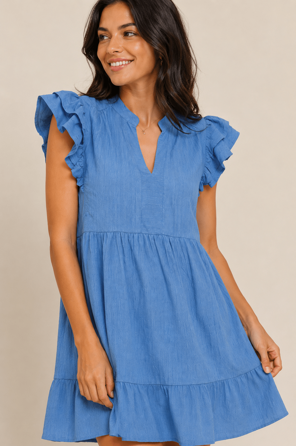 Ruffle Sleeve Babydoll Dress – Flowy V-Neck Mini Dress for Women in Peri Blue in PERI BLUE