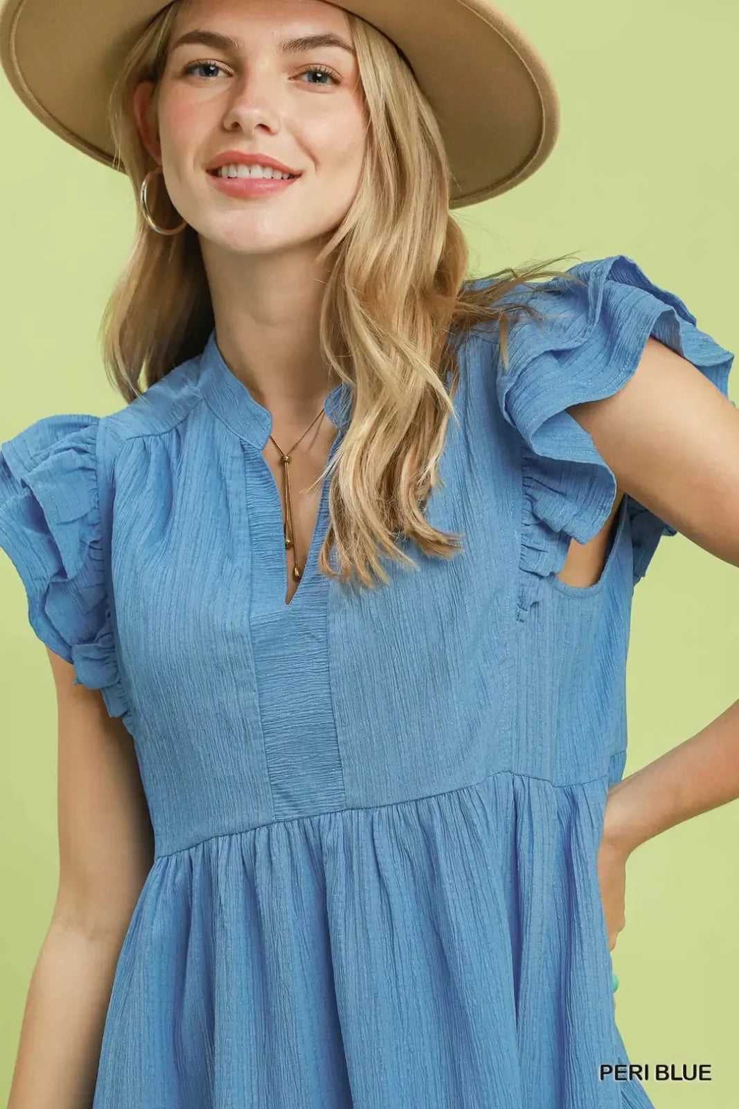 Ruffle Sleeve Babydoll Dress – Flowy V-Neck Mini Dress for Women in Peri Blue in PERI BLUE