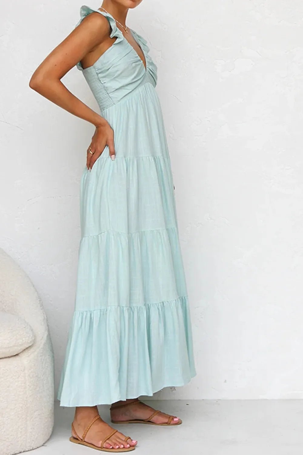 Ruffled V - Neck Tiered Maxi Dress | Boho Summer Maxi Dress in Light Blue