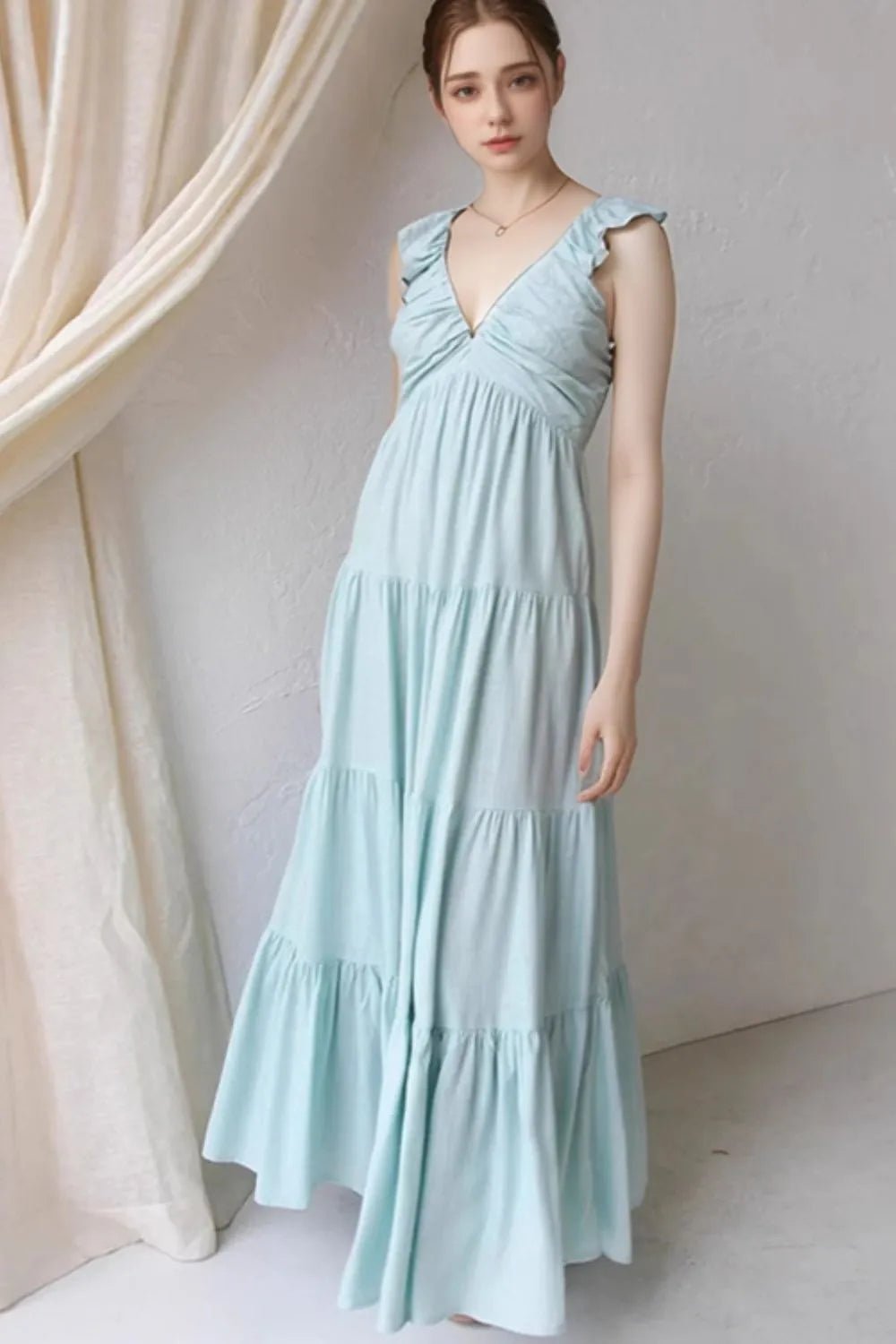 Ruffled V - Neck Tiered Maxi Dress | Boho Summer Maxi Dress in Light Blue