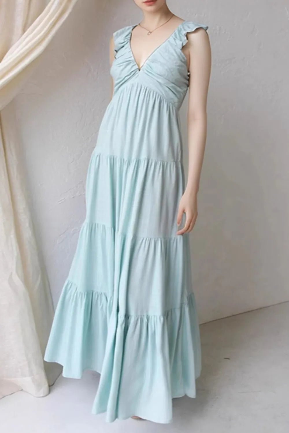 Ruffled V - Neck Tiered Maxi Dress | Boho Summer Maxi Dress in Light Blue