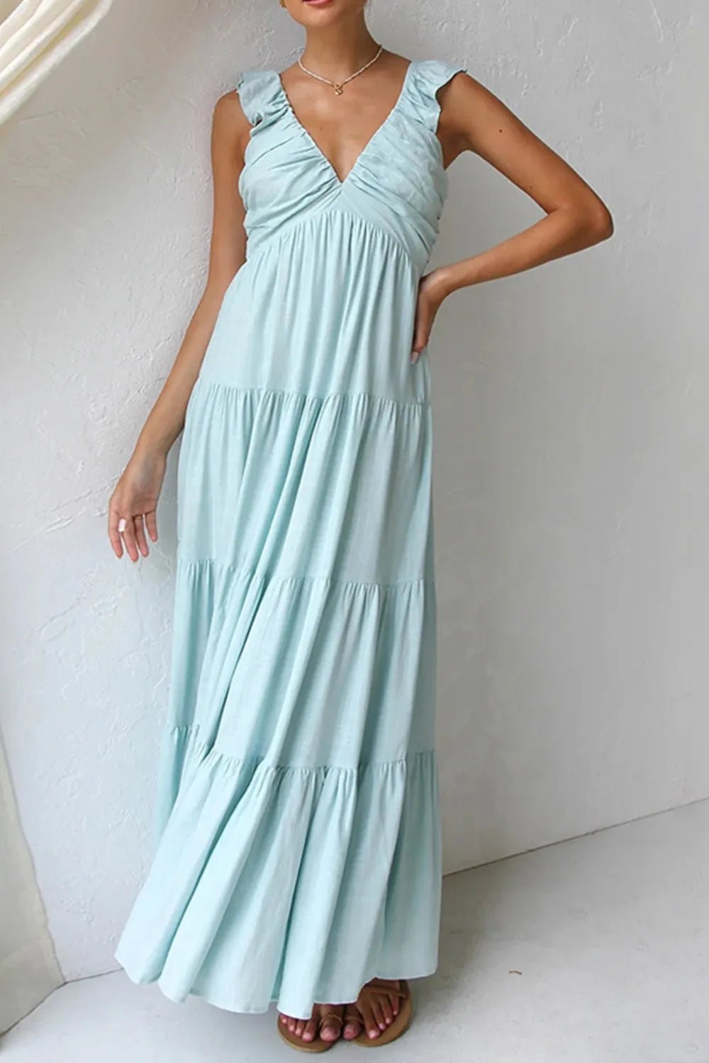 Ruffled V - Neck Tiered Maxi Dress | Boho Summer Maxi Dress in Light Blue