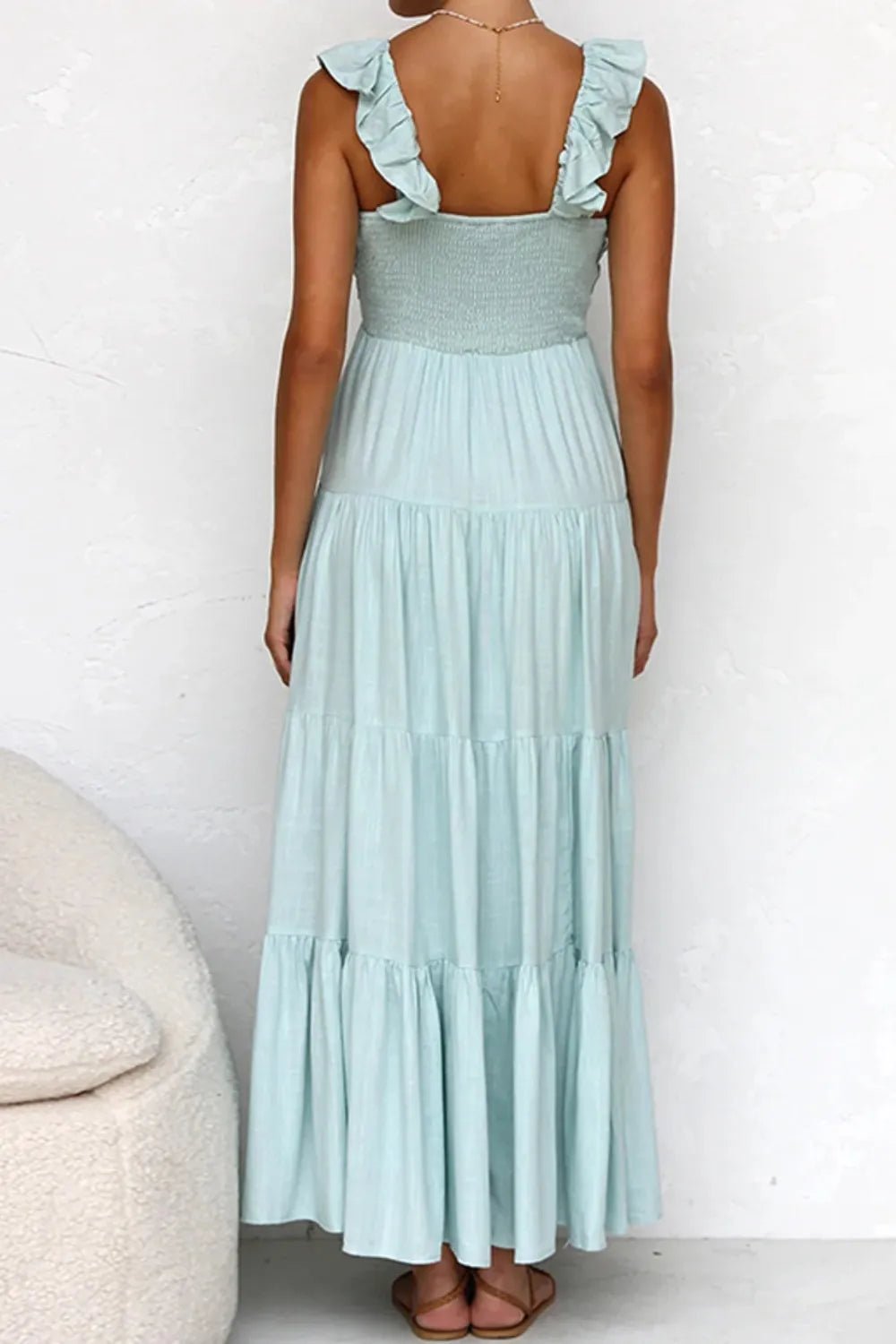 Ruffled V - Neck Tiered Maxi Dress | Boho Summer Maxi Dress in Light Blue
