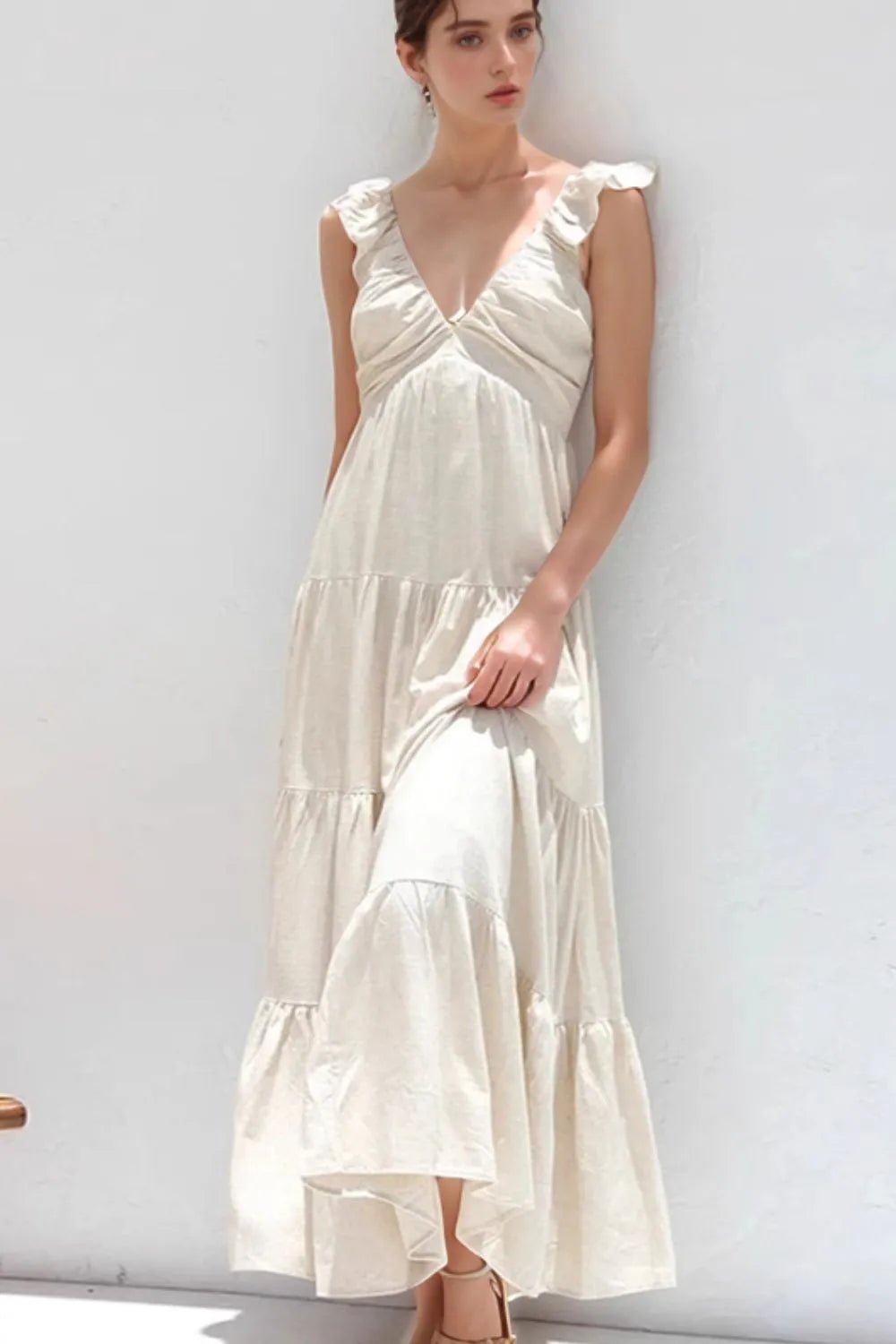 Ruffled V - Neck Tiered Maxi Dress | Boho Summer Maxi Dress in White