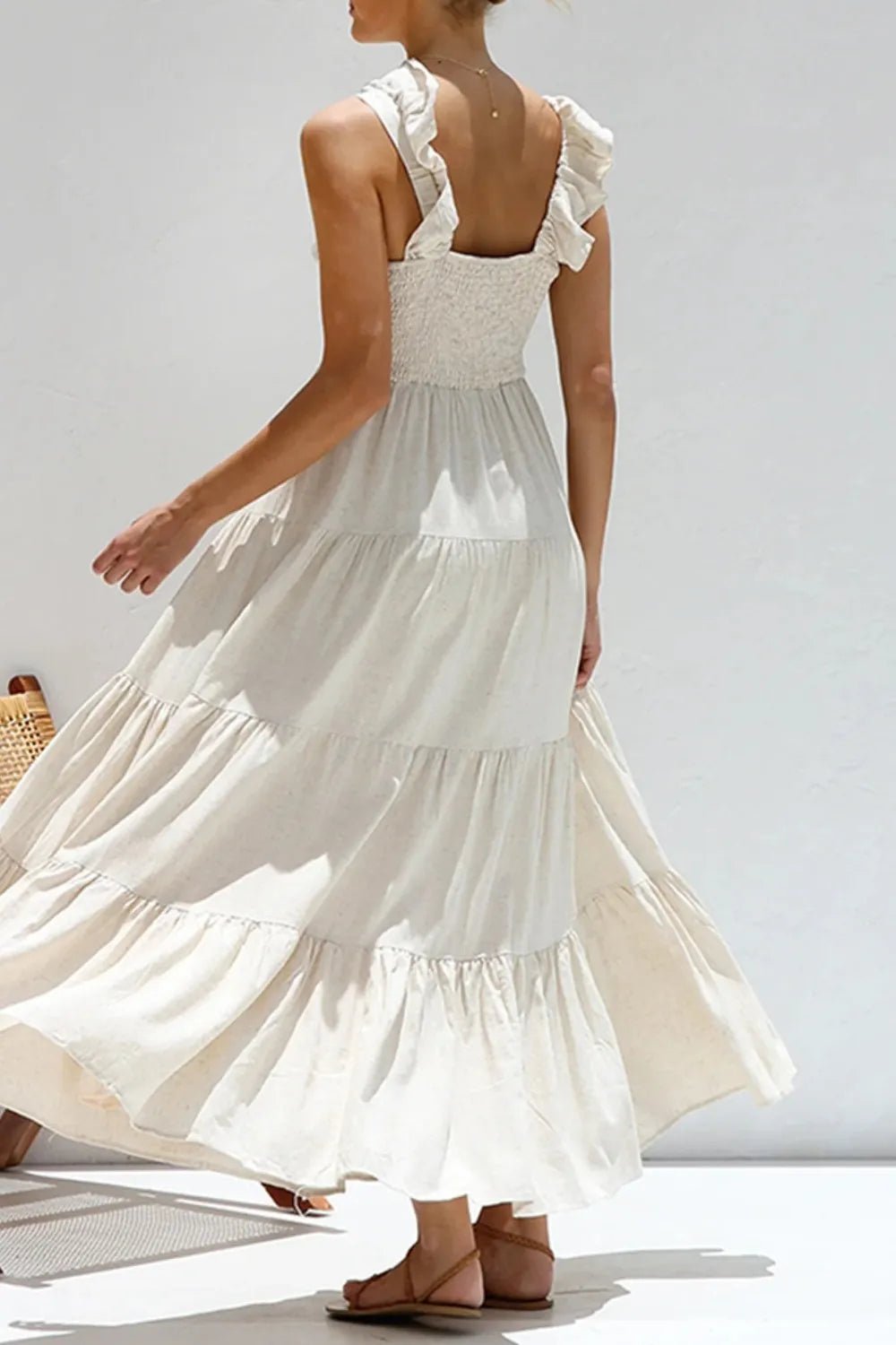 Ruffled V - Neck Tiered Maxi Dress | Boho Summer Maxi Dress in White