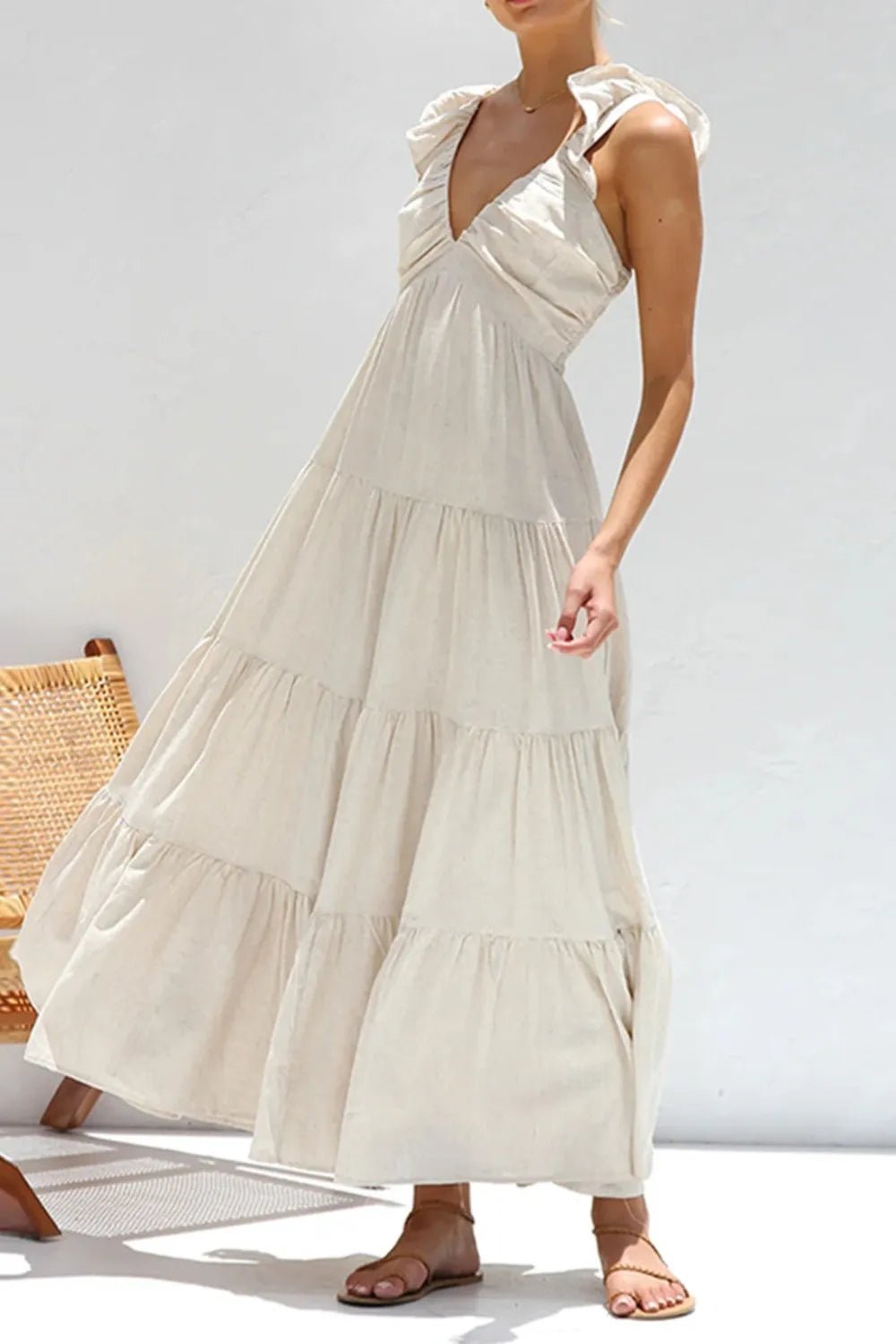 Ruffled V - Neck Tiered Maxi Dress | Boho Summer Maxi Dress in White