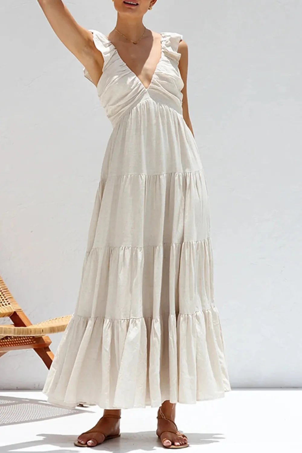 Ruffled V - Neck Tiered Maxi Dress | Boho Summer Maxi Dress in White