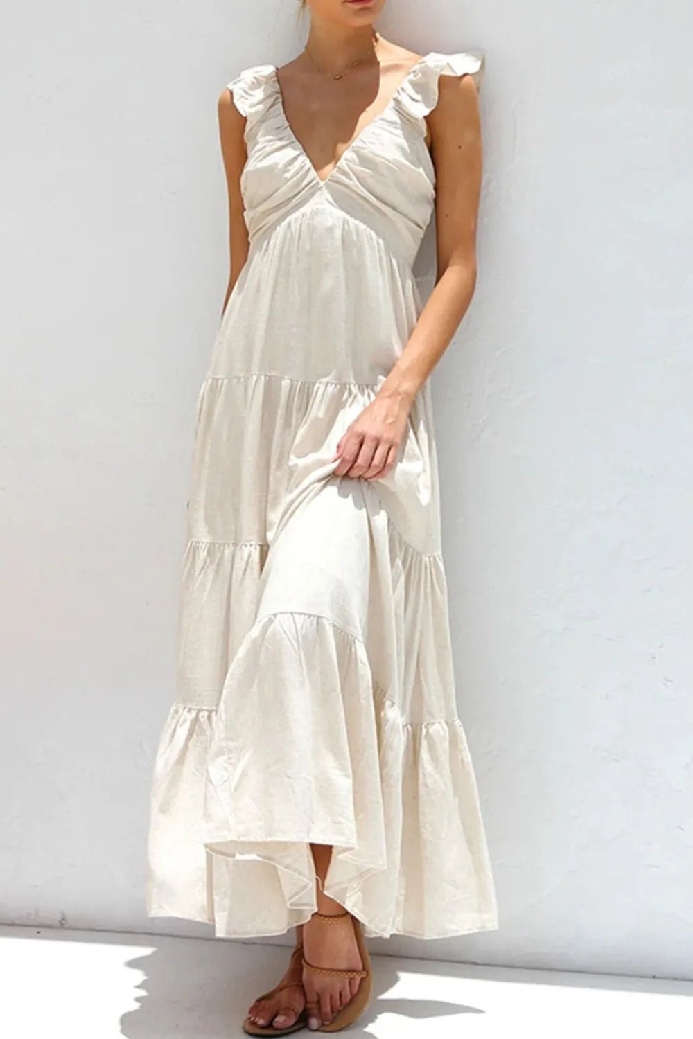 Ruffled V - Neck Tiered Maxi Dress | Boho Summer Maxi Dress in White