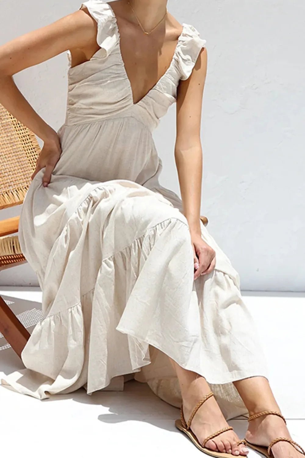 Ruffled V - Neck Tiered Maxi Dress | Boho Summer Maxi Dress in White