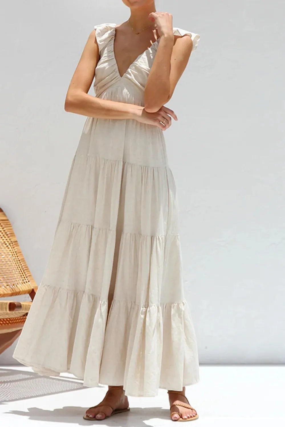 Ruffled V - Neck Tiered Maxi Dress | Boho Summer Maxi Dress in White