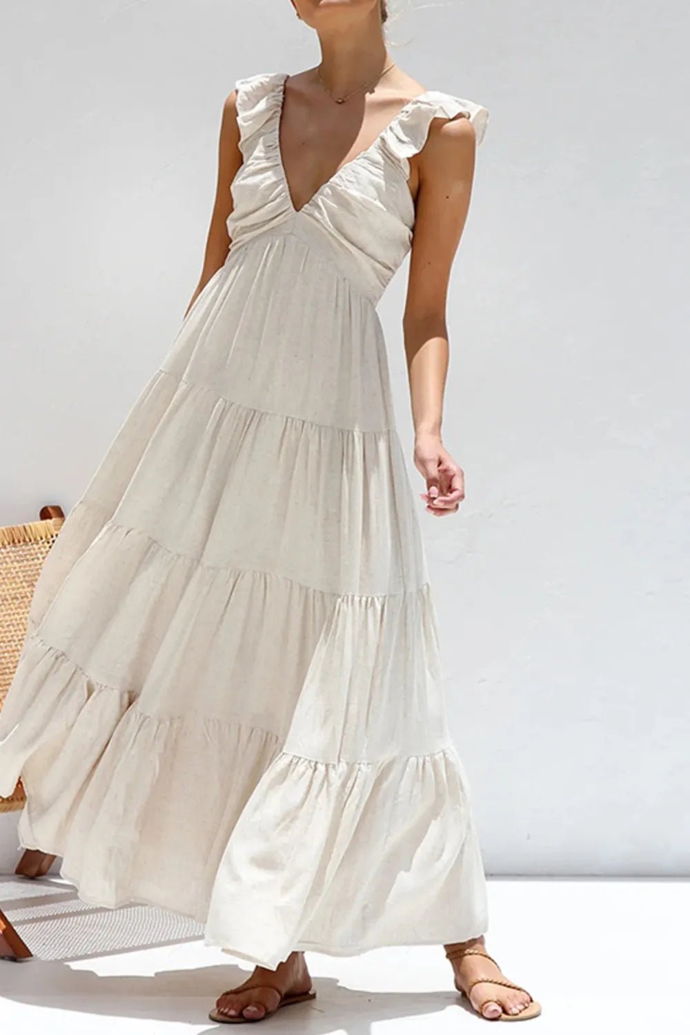 Ruffled V - Neck Tiered Maxi Dress | Boho Summer Maxi Dress in White