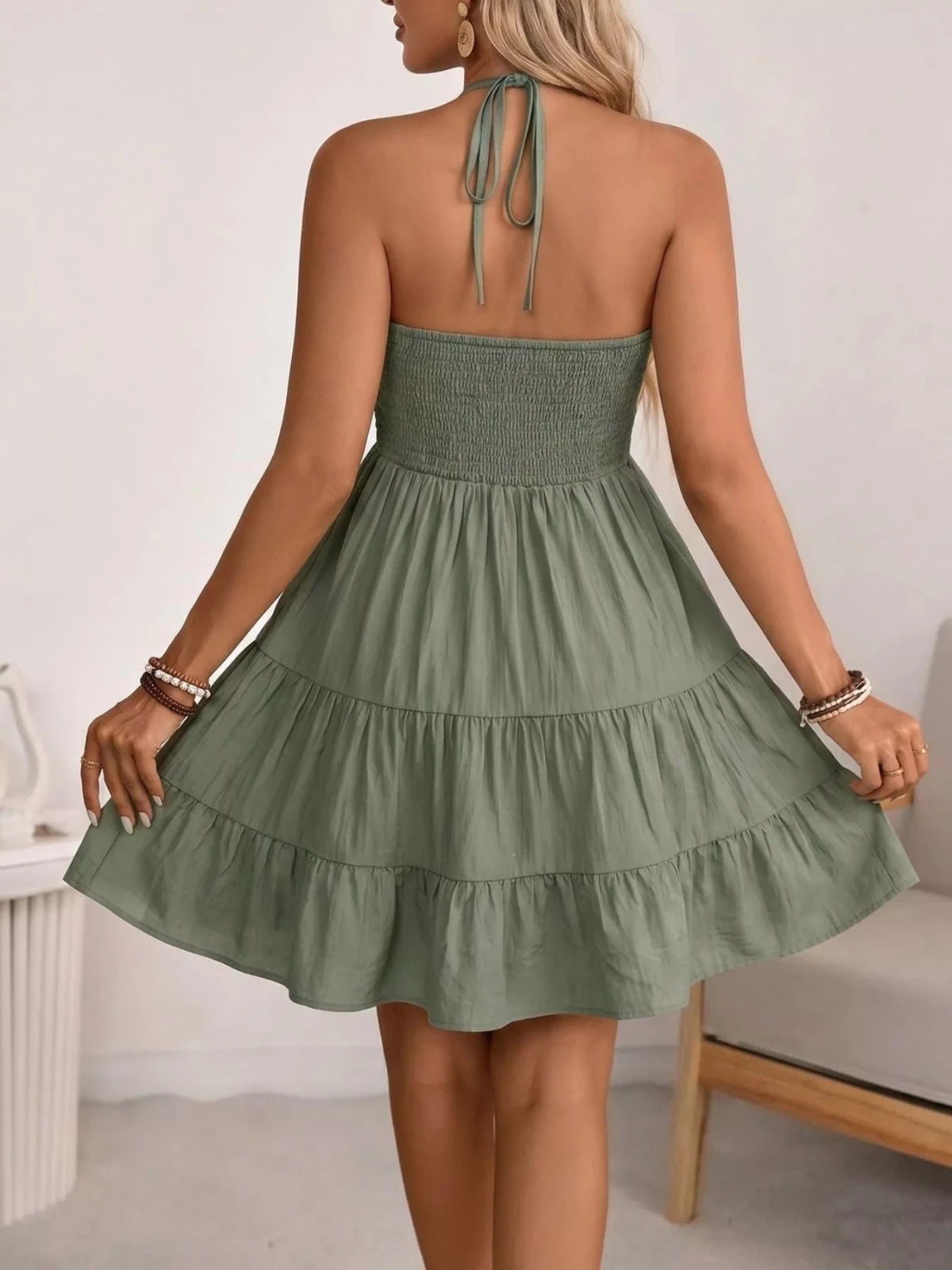 Sage Green Smocked Halter Neck Tiered Mini Dress | CozyFits in Green