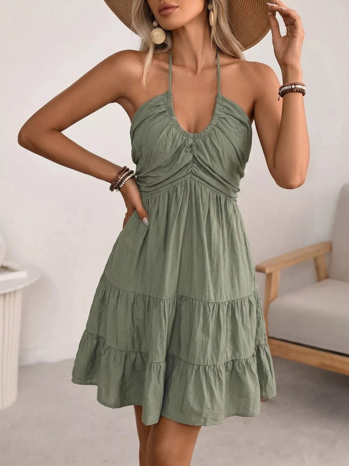 Sage Green Smocked Halter Neck Tiered Mini Dress | CozyFits in Green