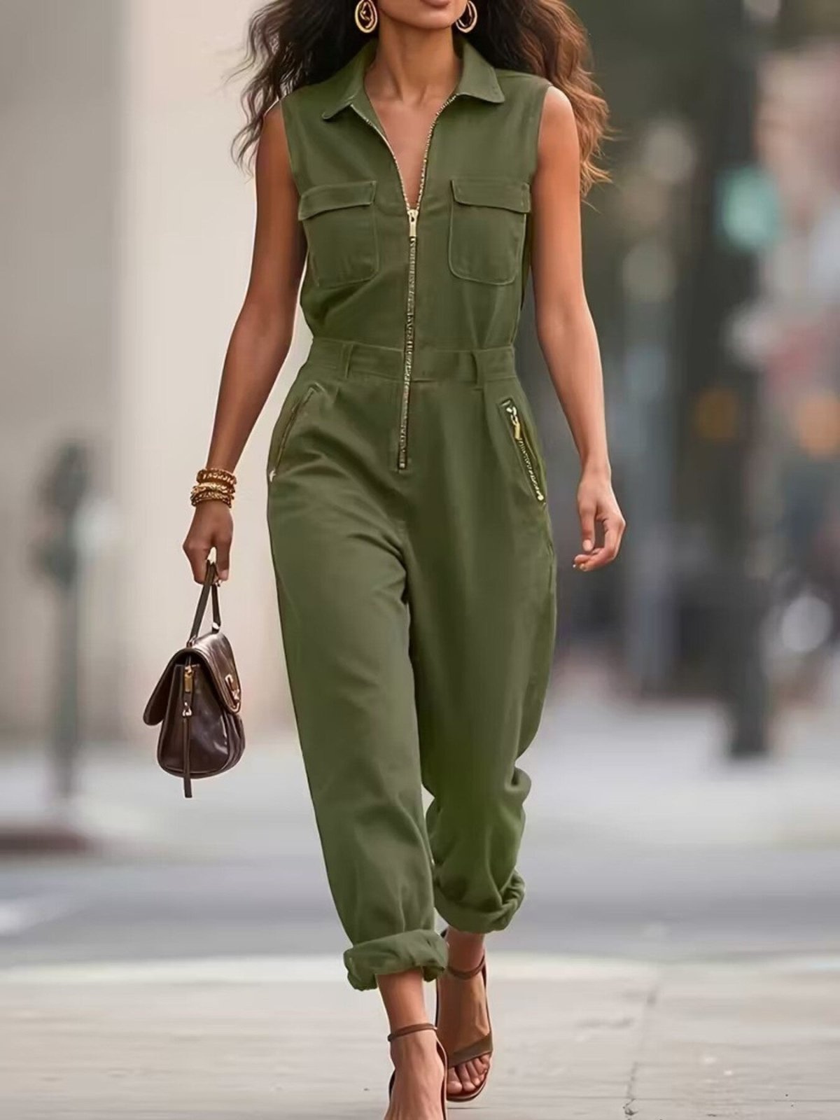 Sleeveless Zip - Up Jumpsuit | CozyFits in Green