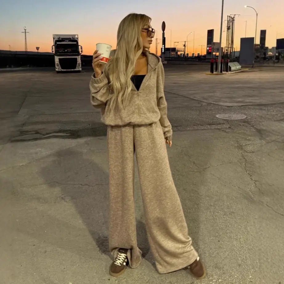 Soft Girl Lounge Set – Women’s Viral 2 Piece Matching Outfit (Oversized Zip Jacket + Wide Leg Pants) in Apricot