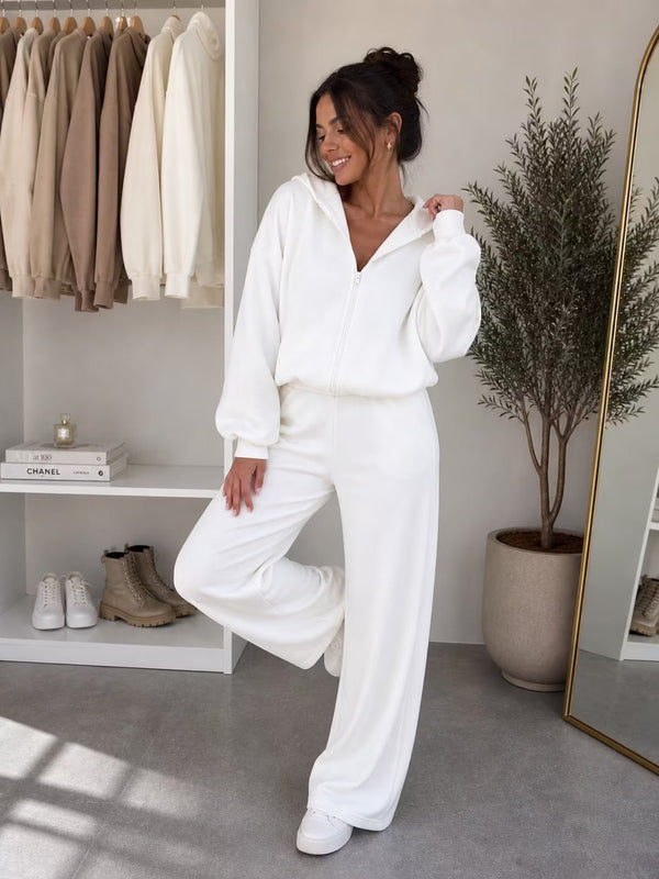 Soft Girl Lounge Set – Women’s Viral 2 Piece Matching Outfit (Oversized Zip Jacket + Wide Leg Pants) in Apricot