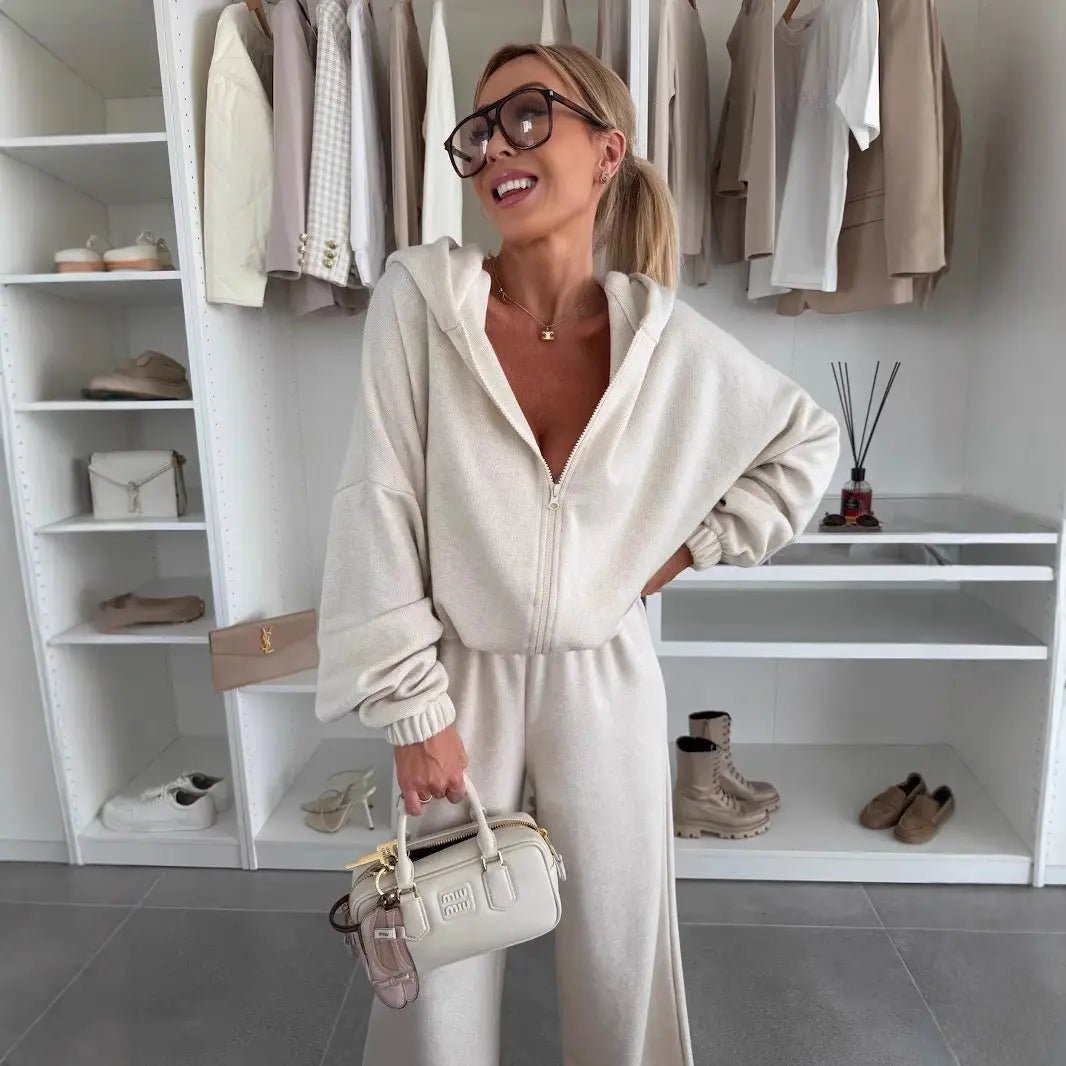 Soft Girl Lounge Set – Women’s Viral 2 Piece Matching Outfit (Oversized Zip Jacket + Wide Leg Pants) in Apricot