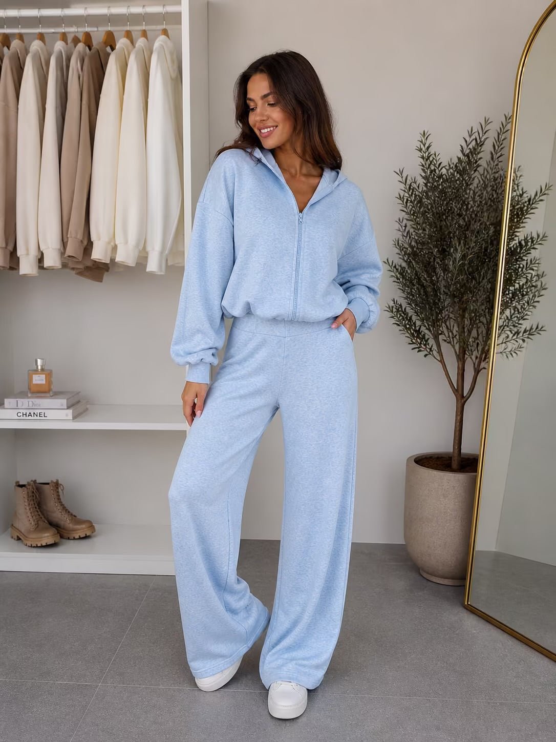 Soft Girl Lounge Set – Women’s Viral 2 Piece Matching Outfit (Oversized Zip Jacket + Wide Leg Pants) in Apricot