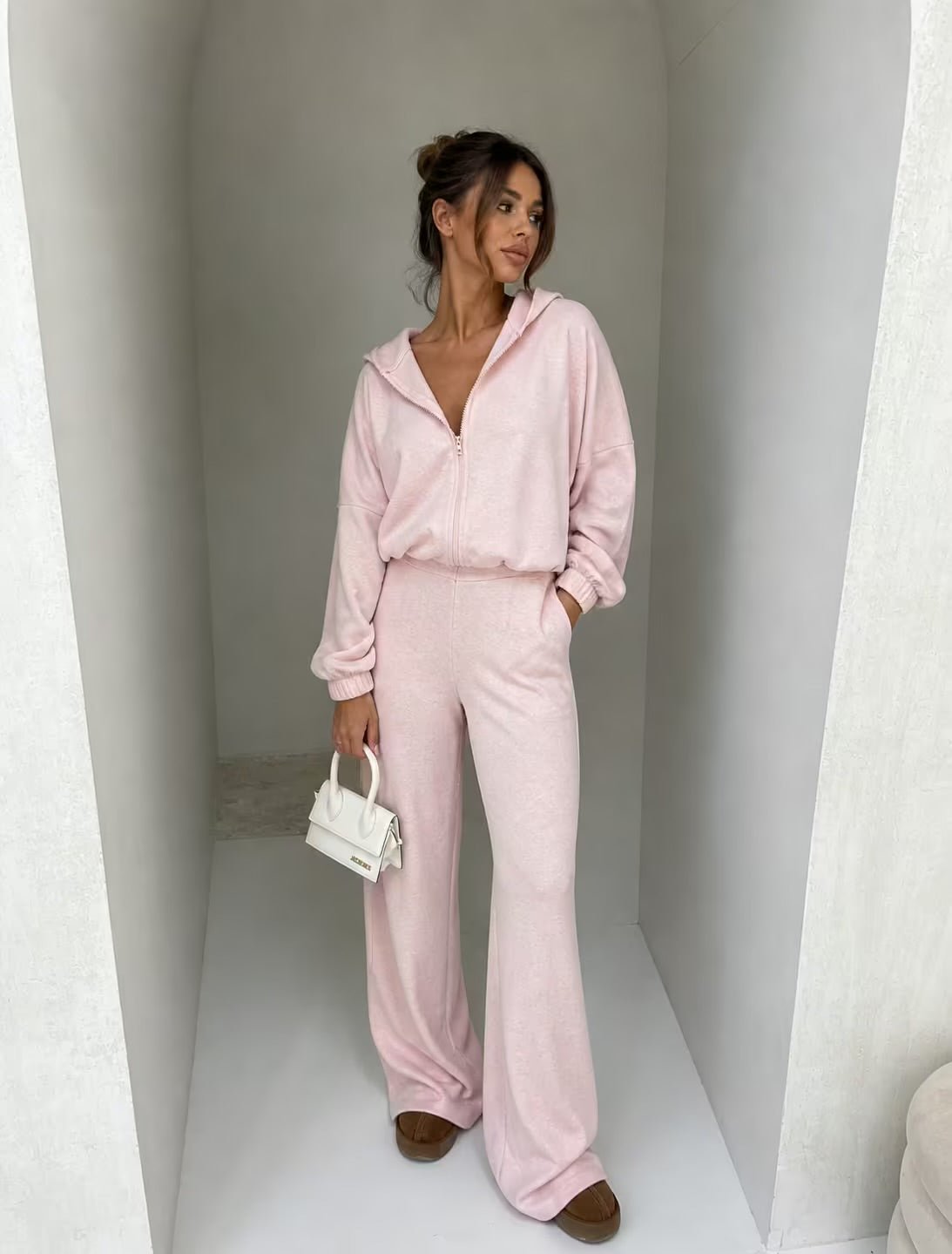Soft Girl Lounge Set – Women’s Viral 2 Piece Matching Outfit (Oversized Zip Jacket + Wide Leg Pants) in Apricot