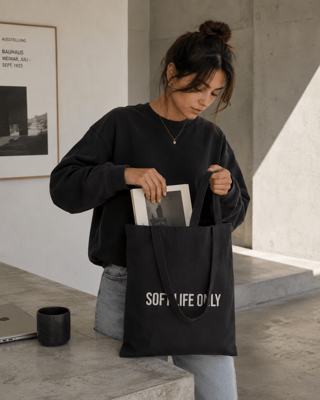 Soft Life Only Tote Bag | Soft Life Accessories | Aesthetic Black Canvas Tote for Women in Black
