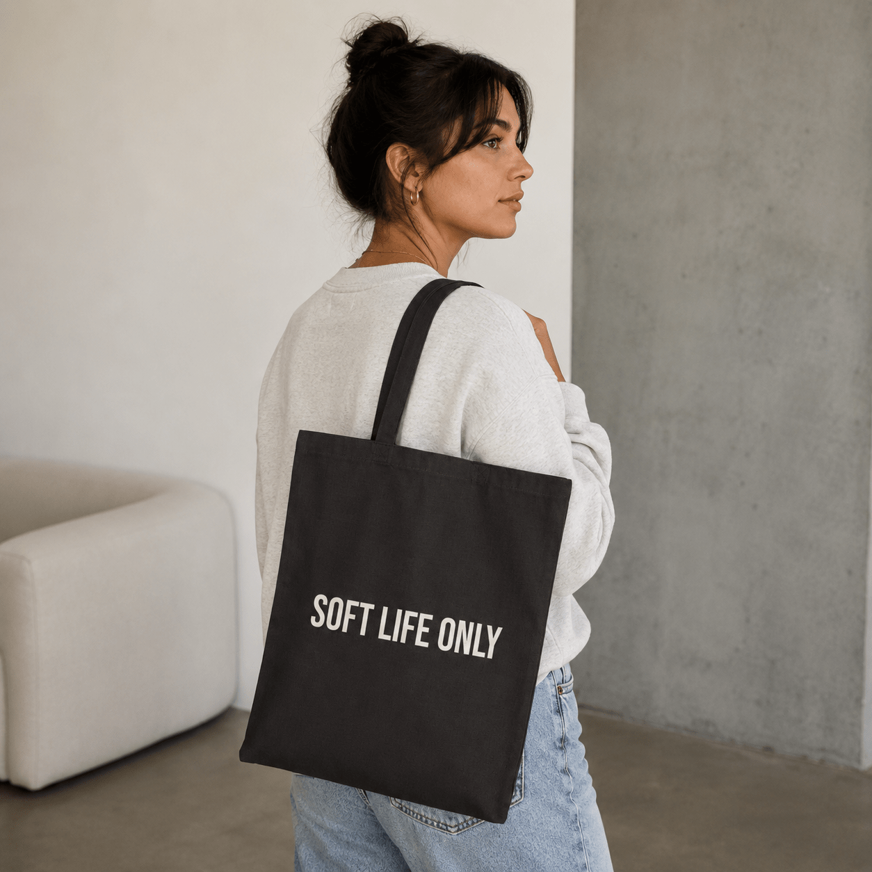 Soft Life Only Tote Bag | Soft Life Accessories | Aesthetic Black Canvas Tote for Women in Black