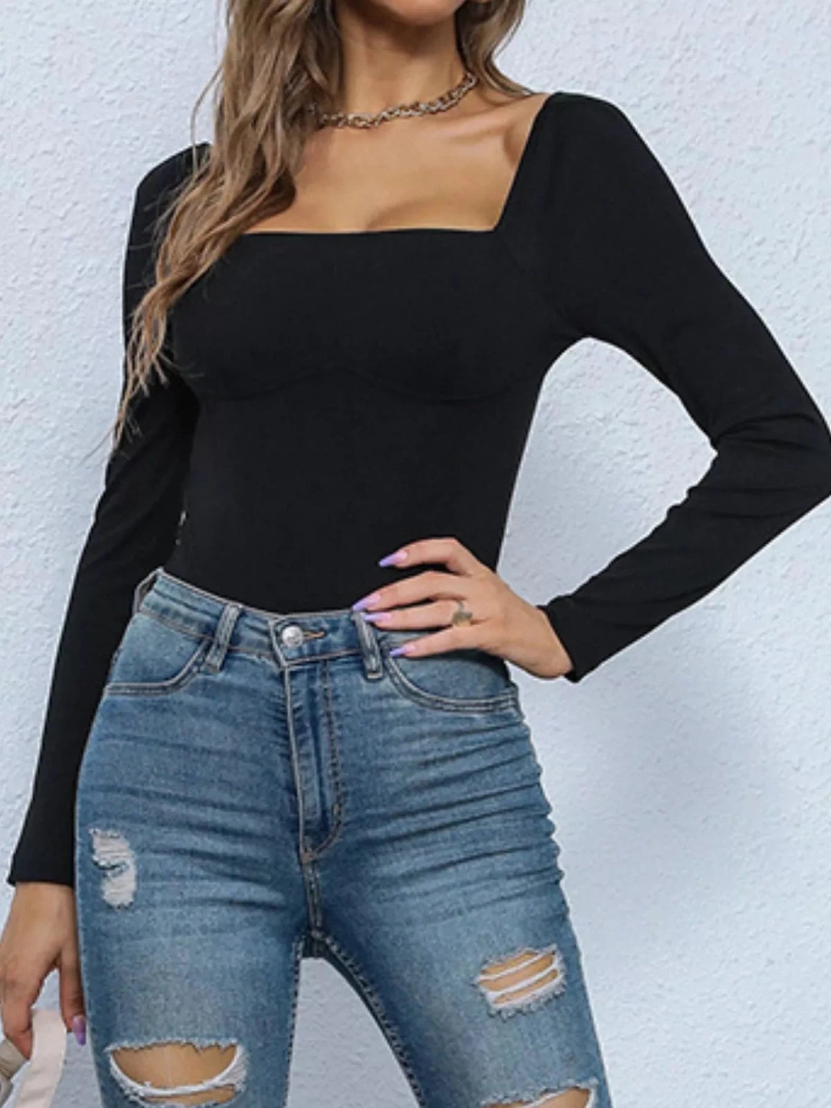 Square Neck Long Sleeve Bodysuit | CozyFits in Black