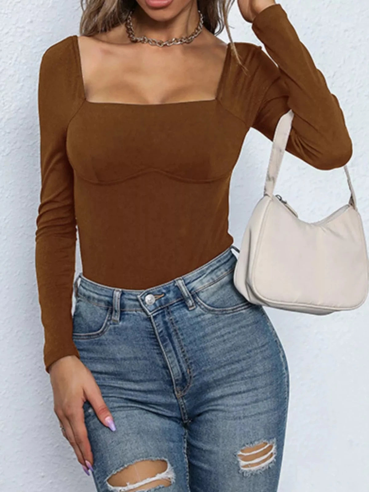 Square Neck Long Sleeve Bodysuit | CozyFits in Brown