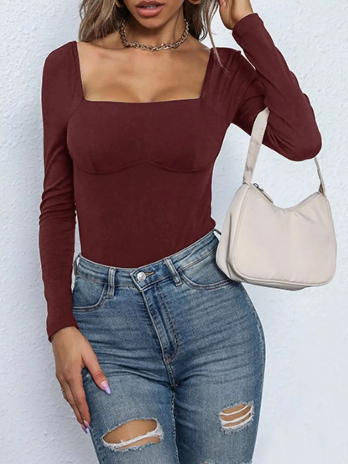 Square Neck Long Sleeve Bodysuit | CozyFits in Burgundy