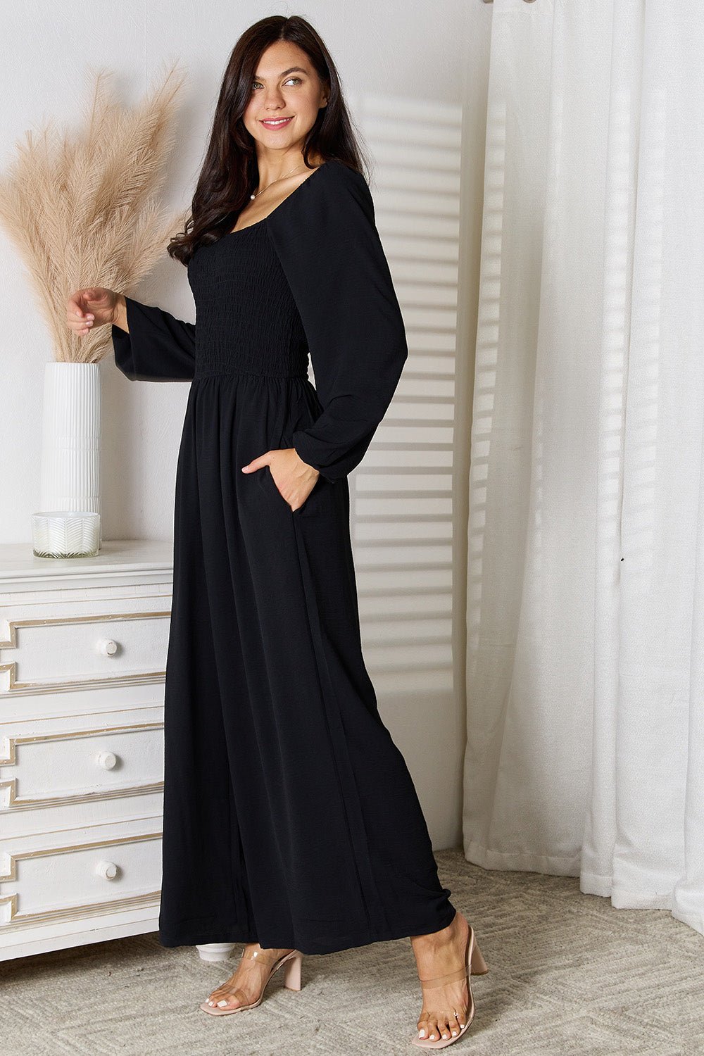 Square Neck Long Sleeve Jumpsuit with Pockets | CozyFits in Black