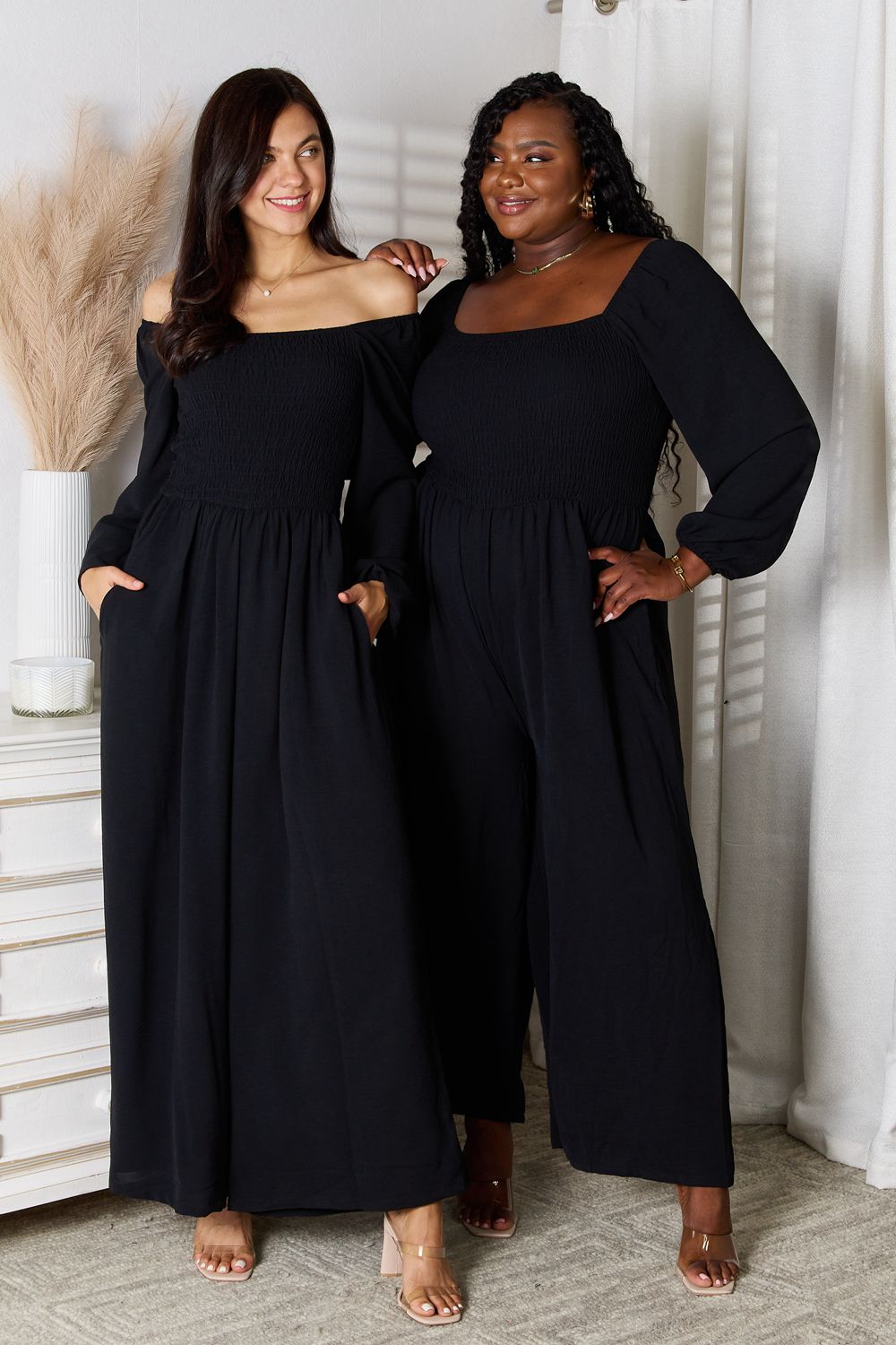 Square Neck Long Sleeve Jumpsuit with Pockets | CozyFits in Black
