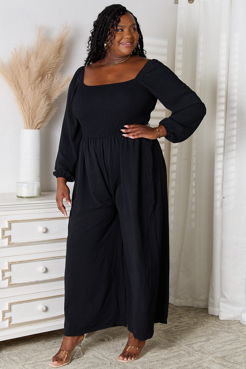 Square Neck Long Sleeve Jumpsuit with Pockets | CozyFits in Black