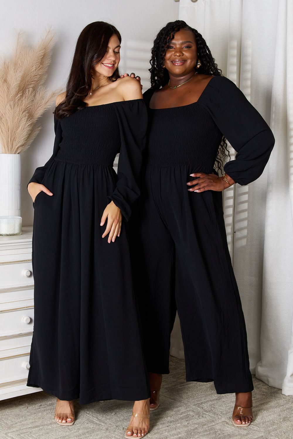 Square Neck Long Sleeve Jumpsuit with Pockets | CozyFits in Black