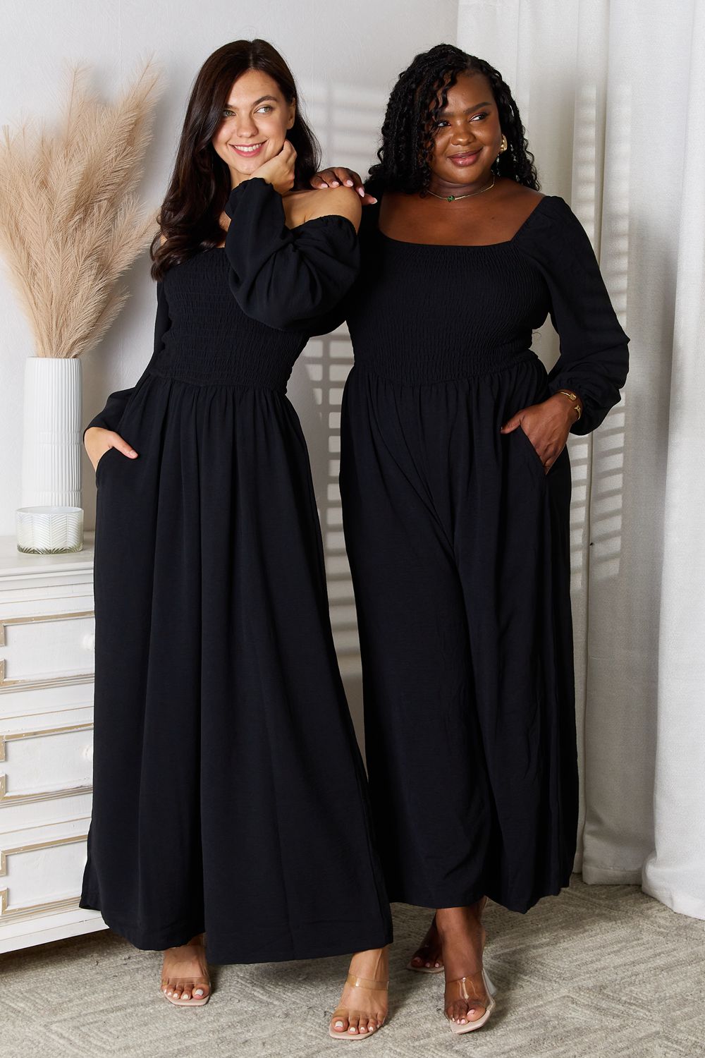Square Neck Long Sleeve Jumpsuit with Pockets | CozyFits in Black