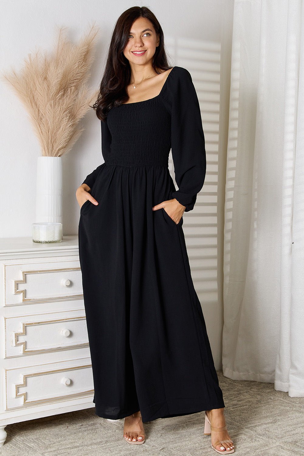 Square Neck Long Sleeve Jumpsuit with Pockets | CozyFits in Black