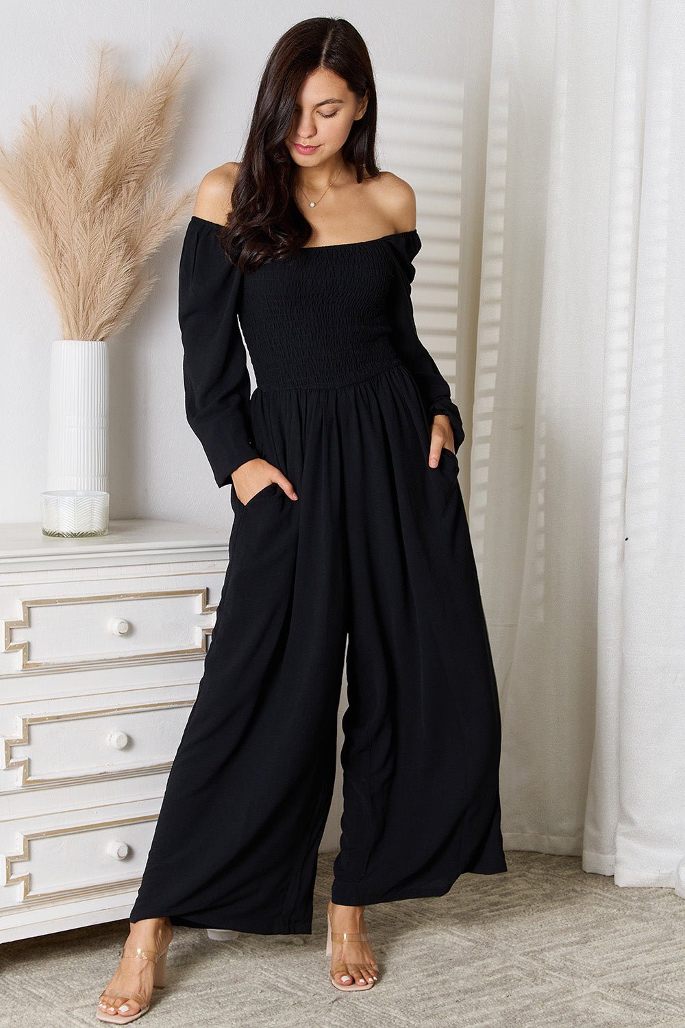Square Neck Long Sleeve Jumpsuit with Pockets | CozyFits in Black