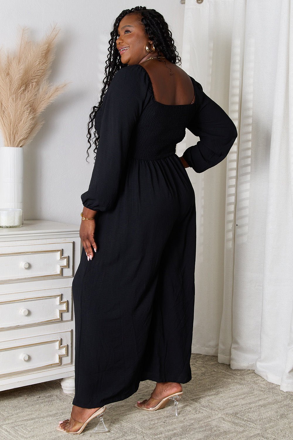 Square Neck Long Sleeve Jumpsuit with Pockets | CozyFits in Black