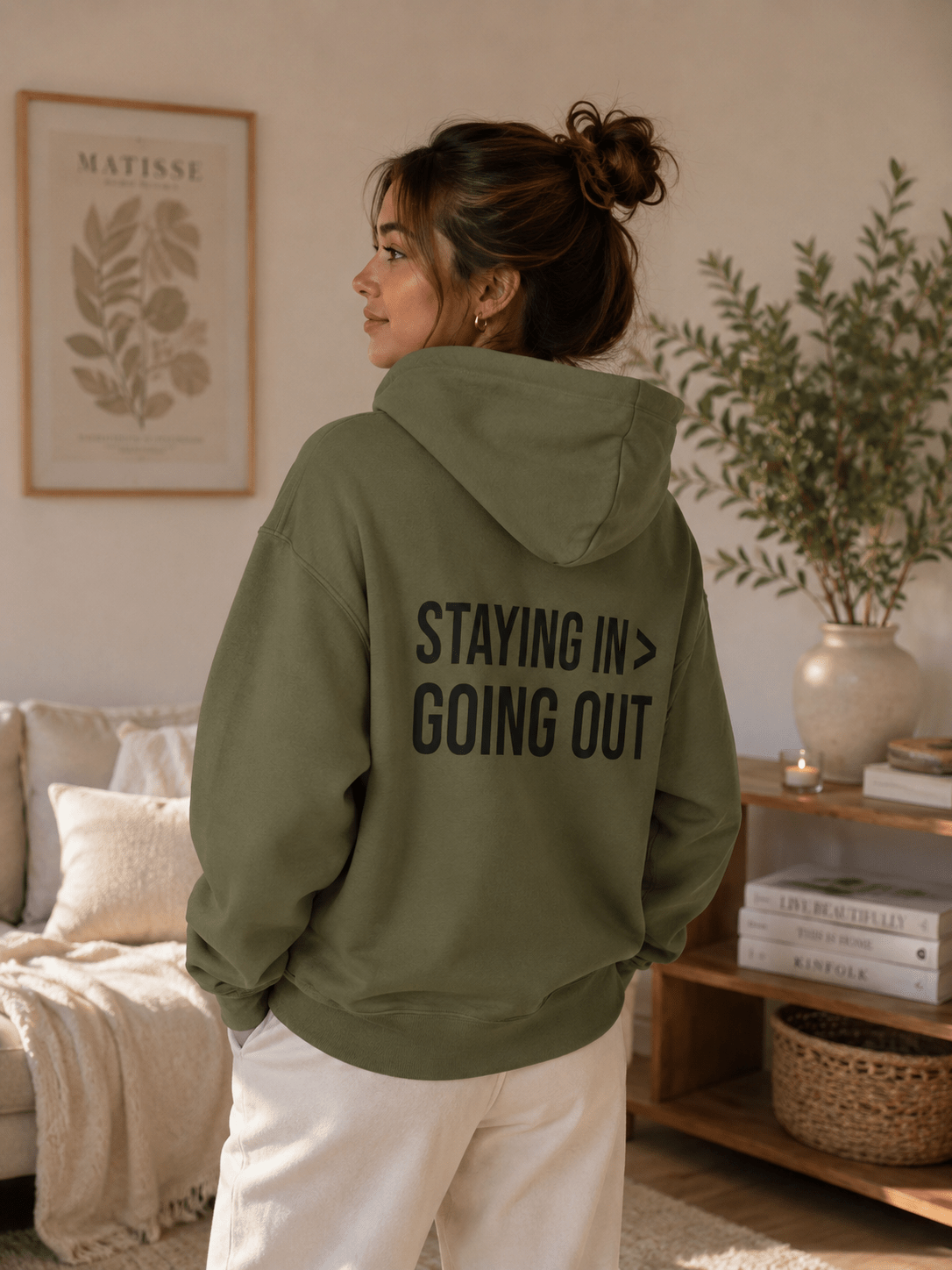 Staying In > Going Out Hoodie | Minimalist Graphic Sweatshirt | Aesthetic Cozy Hoodie for Women & Men in S