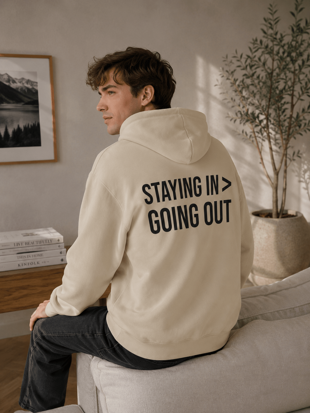 Staying In > Going Out Hoodie | Minimalist Graphic Sweatshirt | Aesthetic Cozy Hoodie for Women & Men in S