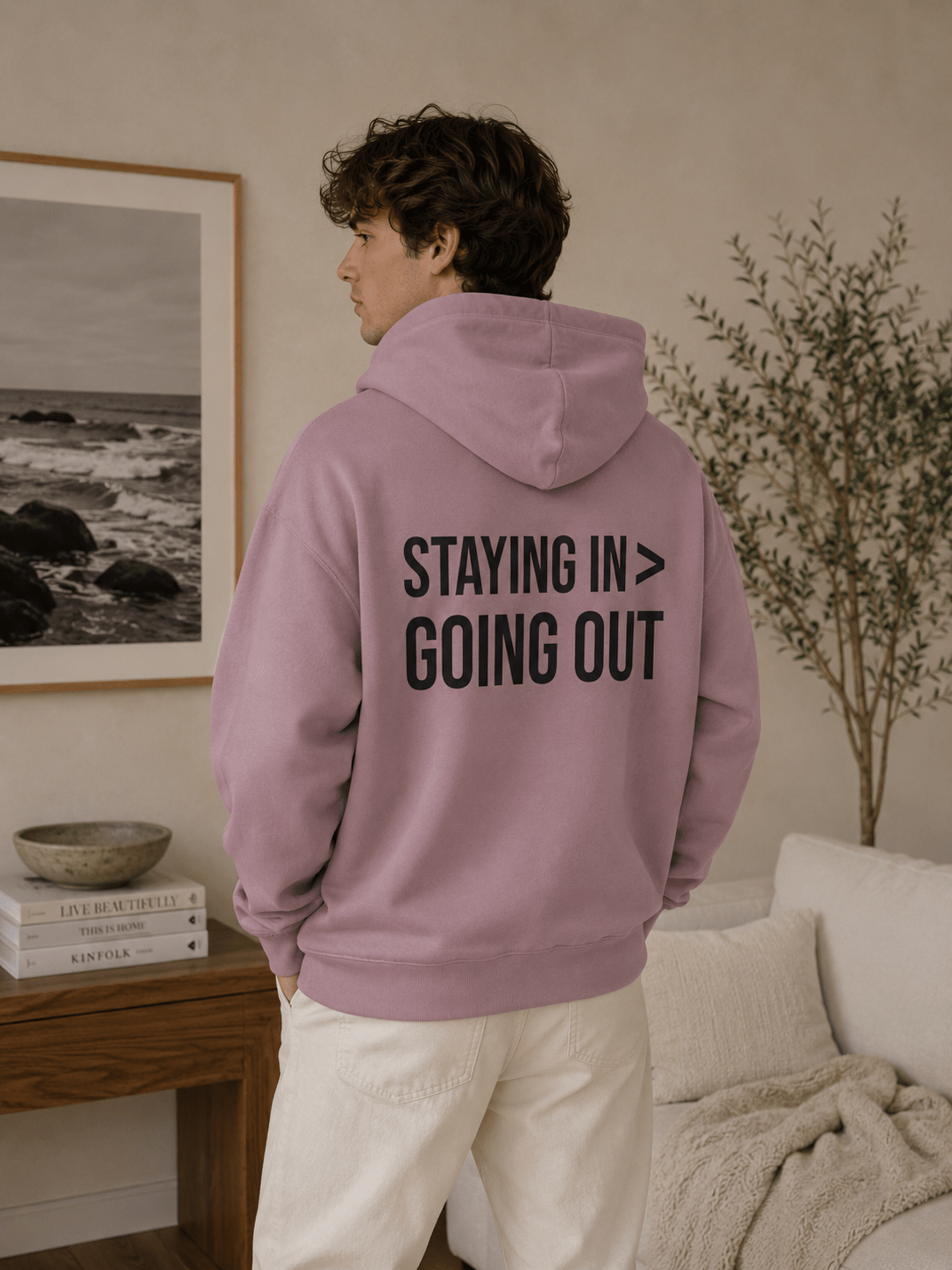 Staying In > Going Out Hoodie | Minimalist Graphic Sweatshirt | Aesthetic Cozy Hoodie for Women & Men in S