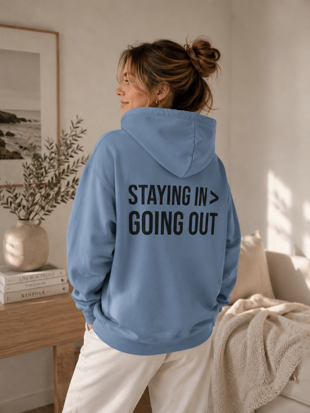 Staying In > Going Out Hoodie | Minimalist Graphic Sweatshirt | Aesthetic Cozy Hoodie for Women & Men in S
