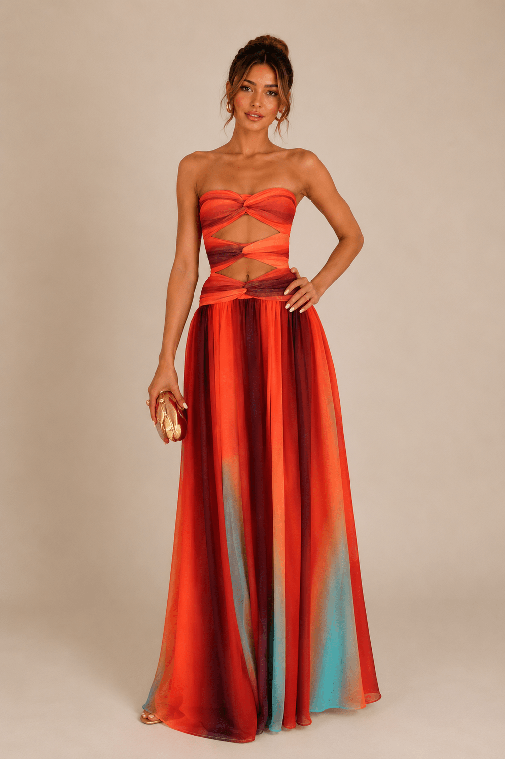Strapless Cutout Maxi Dress | Bold Summer Statement Dress in Orange - Red
