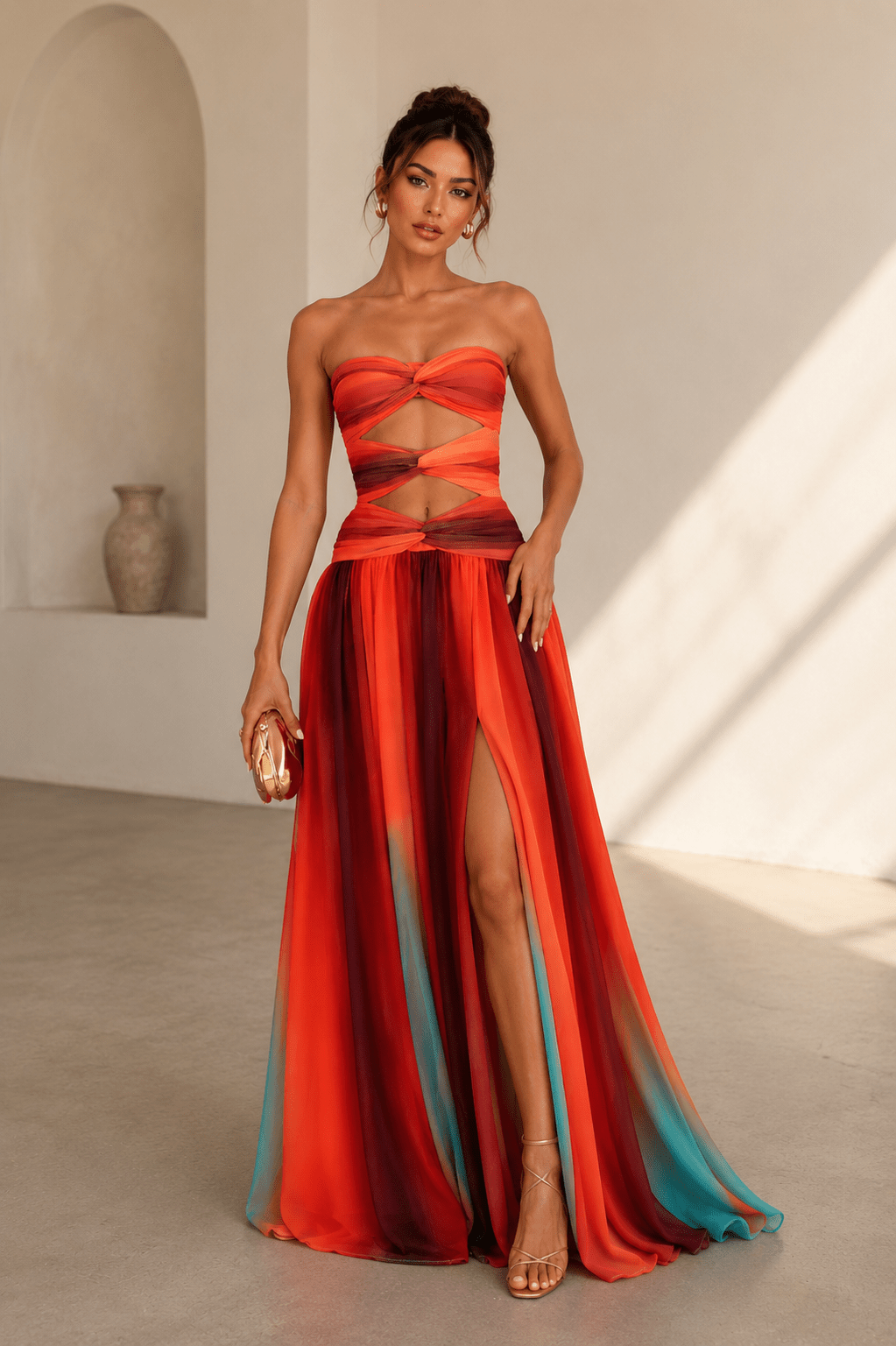 Strapless Cutout Maxi Dress | Bold Summer Statement Dress in Orange - Red