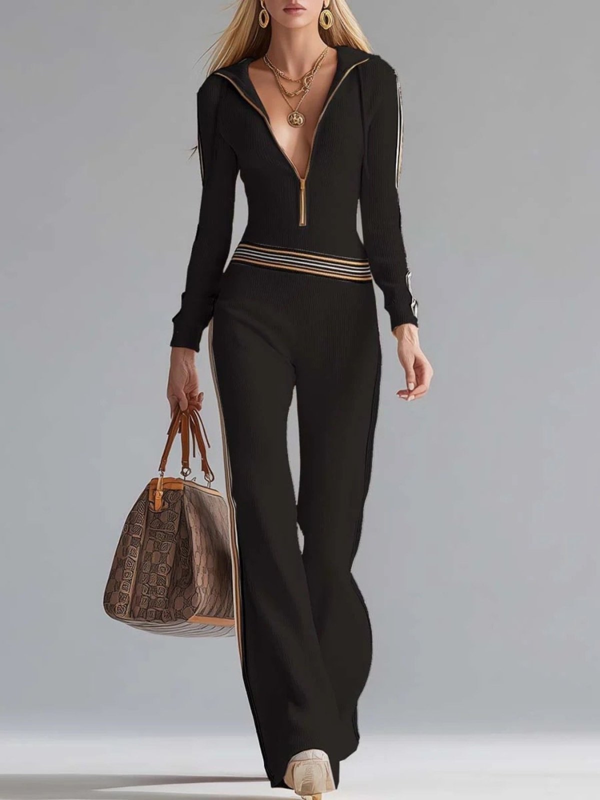 Striped Zip Front Hooded Jumpsuit | CozyFits in Black