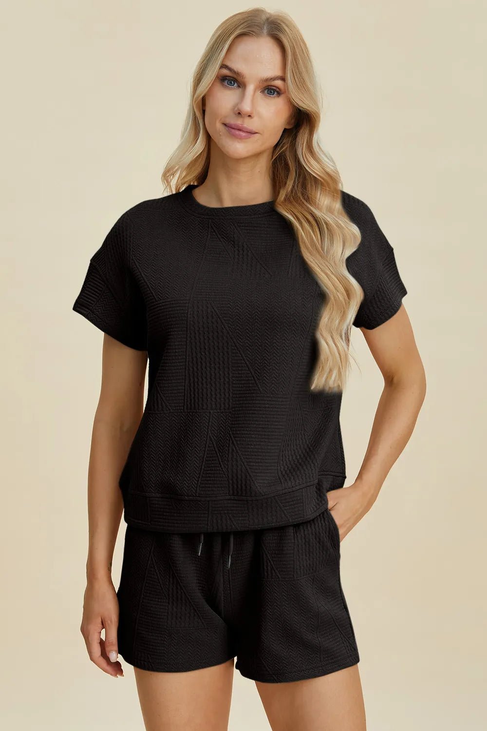 Textured Lounge Shorts Set in Black
