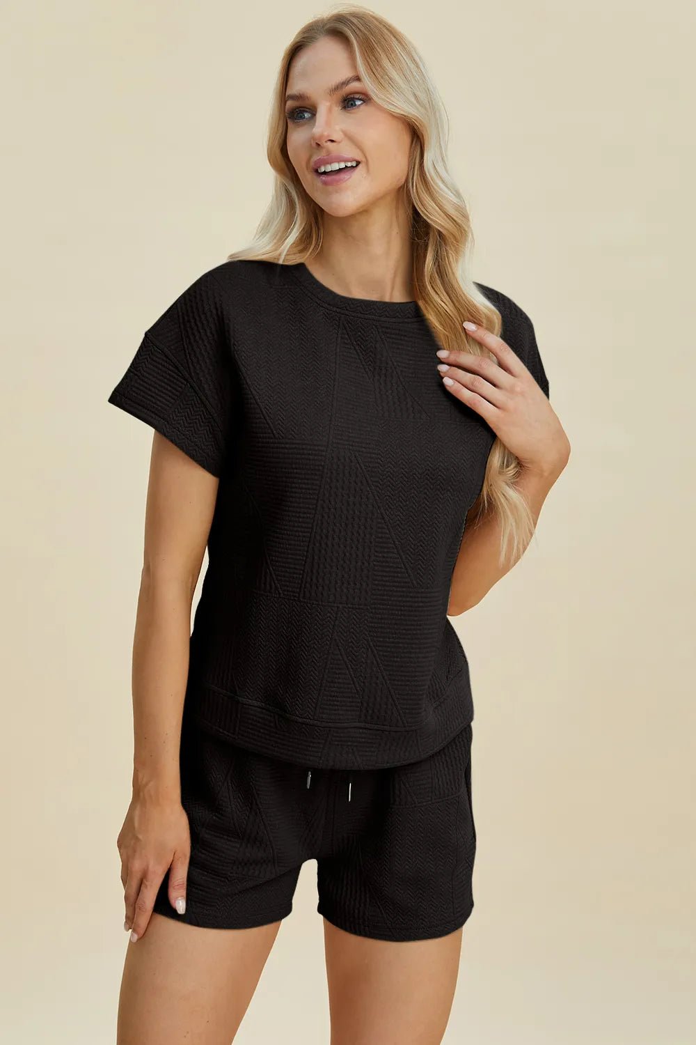 Textured Lounge Shorts Set in Black