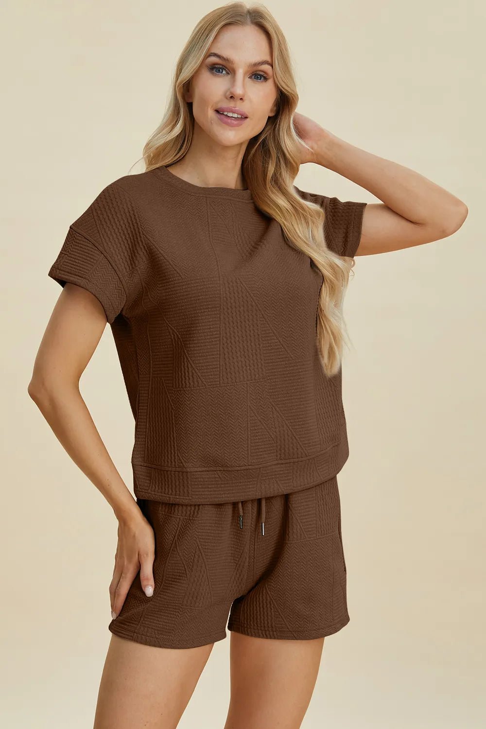 Textured Lounge Shorts Set in Brown