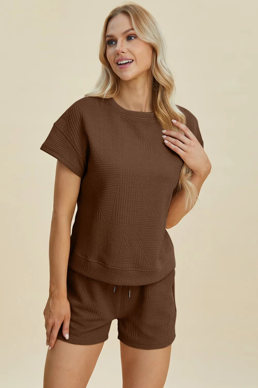 Textured Lounge Shorts Set in Brown